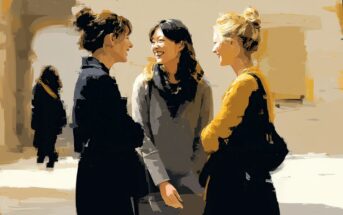 Three women stand together outdoors, smiling and engaged in conversation. The background is abstract and blurred, with warm tones and soft lighting that create a cheerful and friendly atmosphere.