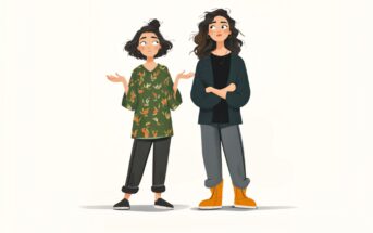 Two women with wavy hair stand side by side. One, in a green patterned shirt and black pants, shrugs with a puzzled expression; the other, in a dark jacket and orange boots, stands with arms crossed, looking relaxed.