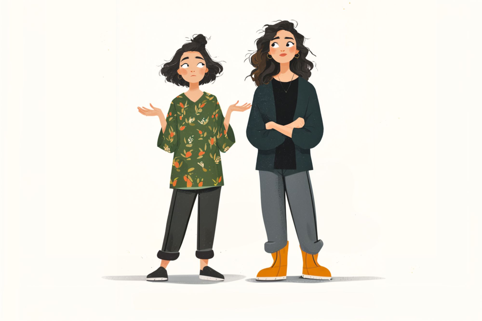 Two women with wavy hair stand side by side. One, in a green patterned shirt and black pants, shrugs with a puzzled expression; the other, in a dark jacket and orange boots, stands with arms crossed, looking relaxed.