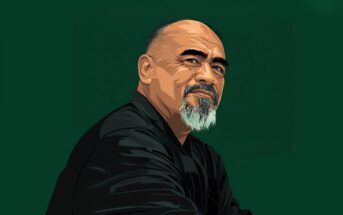 Digital illustration of a middle-aged man with a bald head, dark eyebrows, and a gray goatee, wearing a black shirt, looking confidently at the viewer against a dark green background.