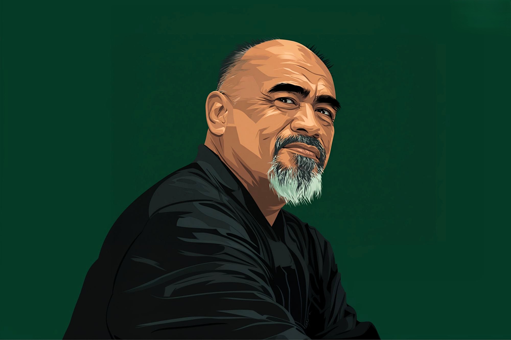 Digital illustration of a middle-aged man with a bald head, dark eyebrows, and a gray goatee, wearing a black shirt, looking confidently at the viewer against a dark green background.