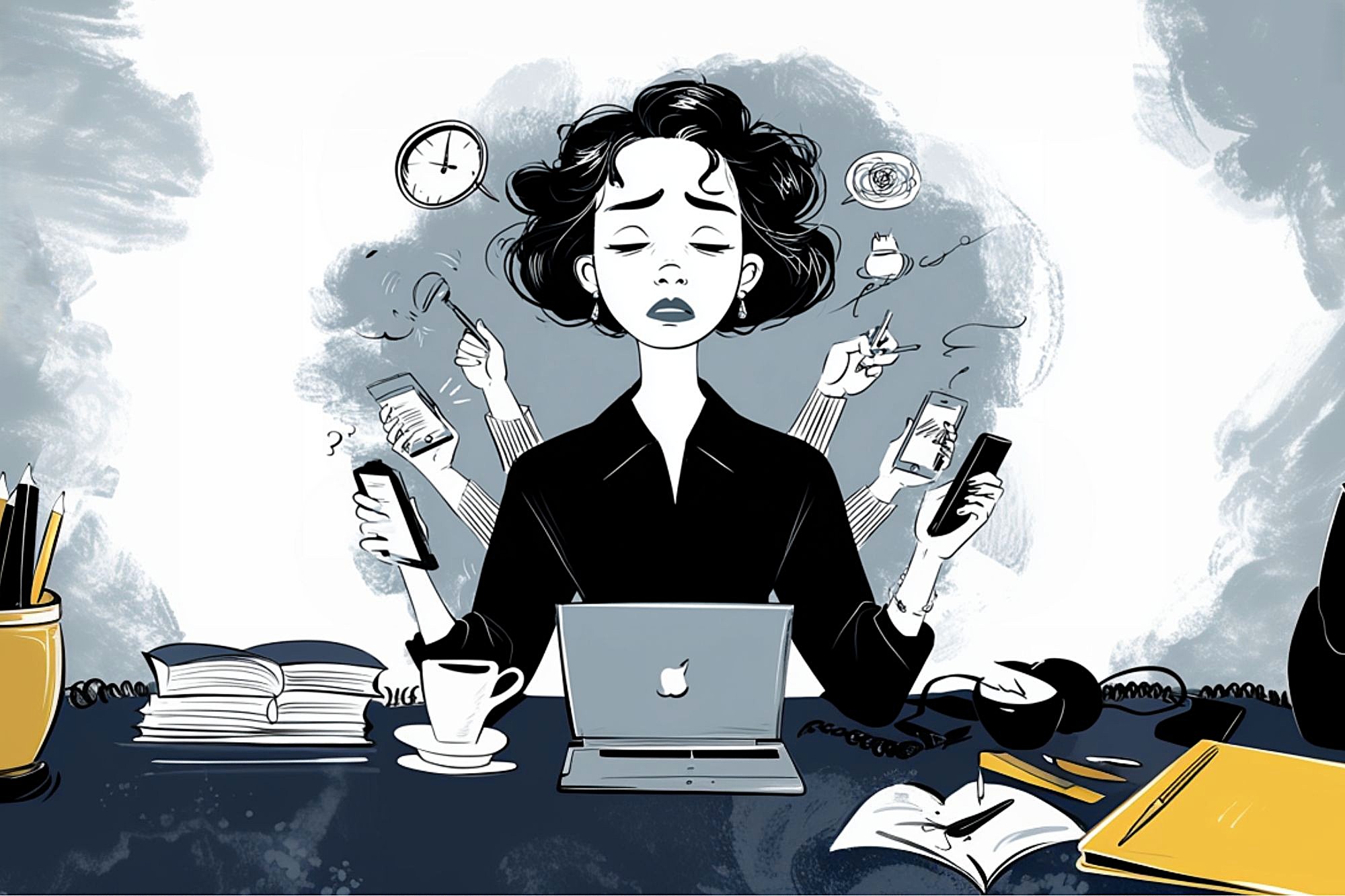 A stressed woman sits at a cluttered desk with multiple arms holding phones, papers, and coffee. She looks overwhelmed, surrounded by books, clocks, and a laptop, symbolizing multitasking and work pressure.