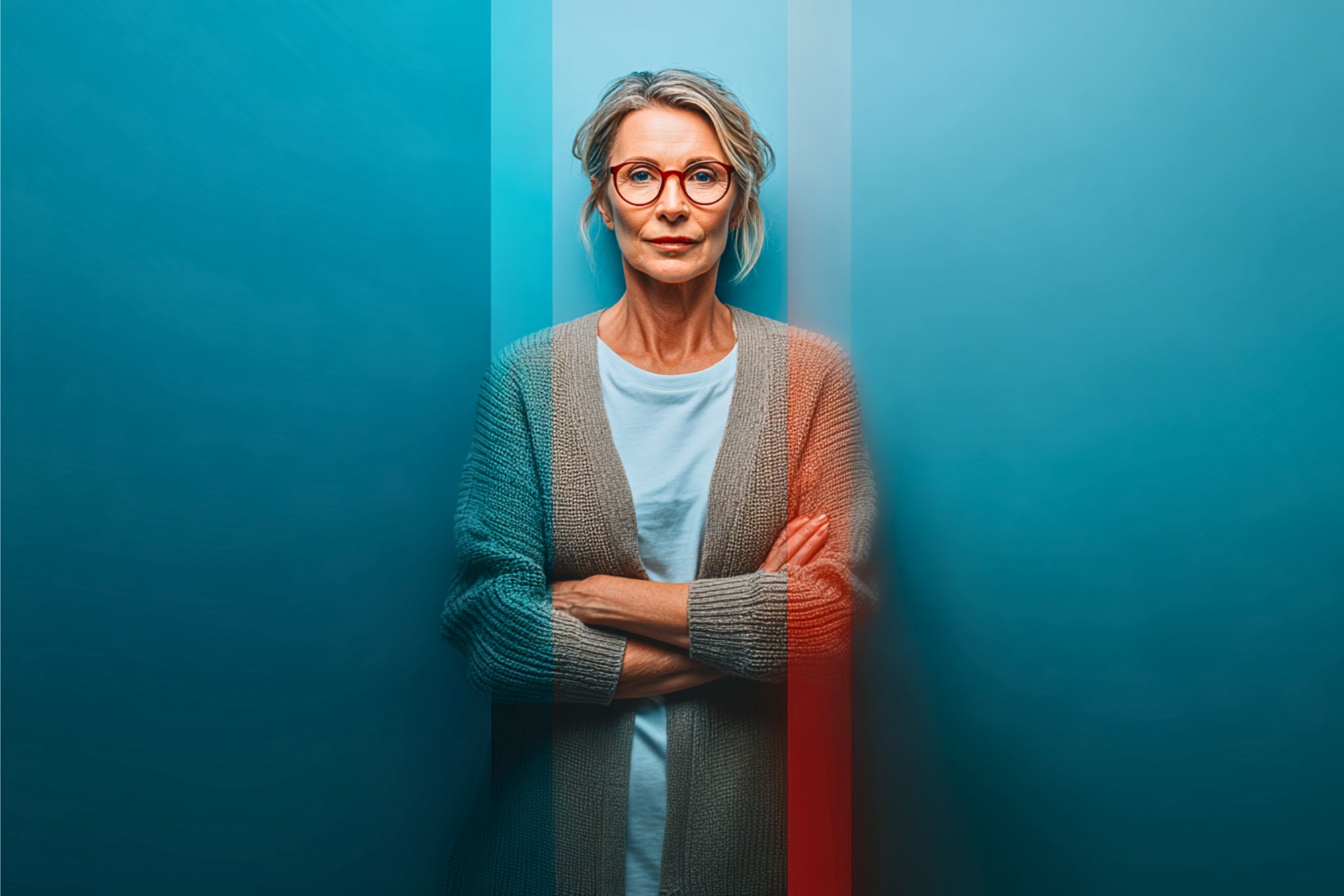 A middle-aged woman with glasses and gray hair stands against a blue wall with her arms crossed, wearing a gray cardigan and white shirt. Vertical blue and red light streaks overlay the image.
