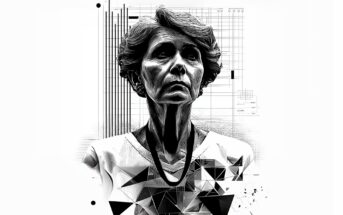 A grayscale digital illustration of an older woman with short hair and a serious expression, wearing a light top. Geometric shapes and abstract lines surround her, blending realism with modern graphic elements.