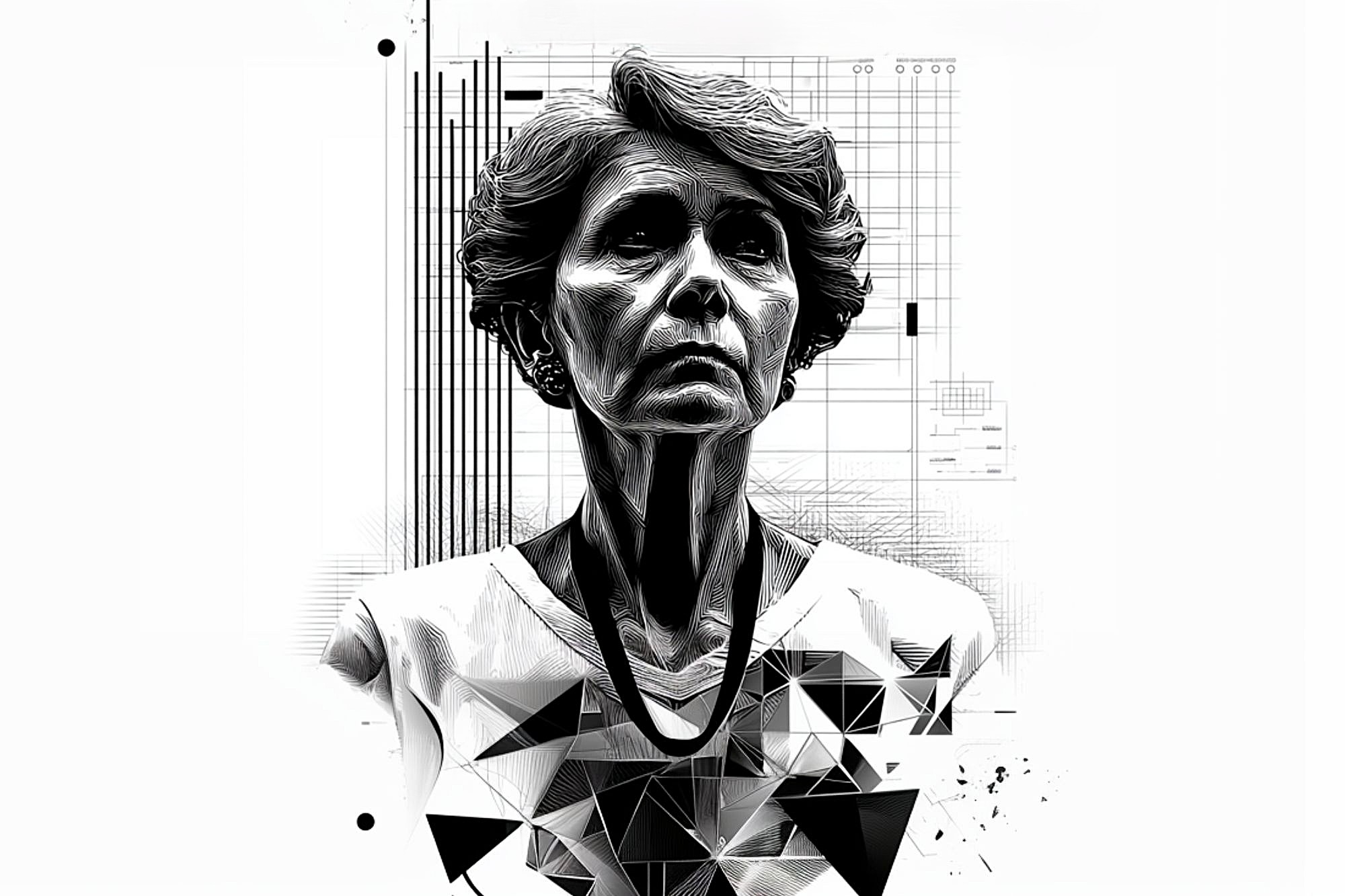 A grayscale digital illustration of an older woman with short hair and a serious expression, wearing a light top. Geometric shapes and abstract lines surround her, blending realism with modern graphic elements.