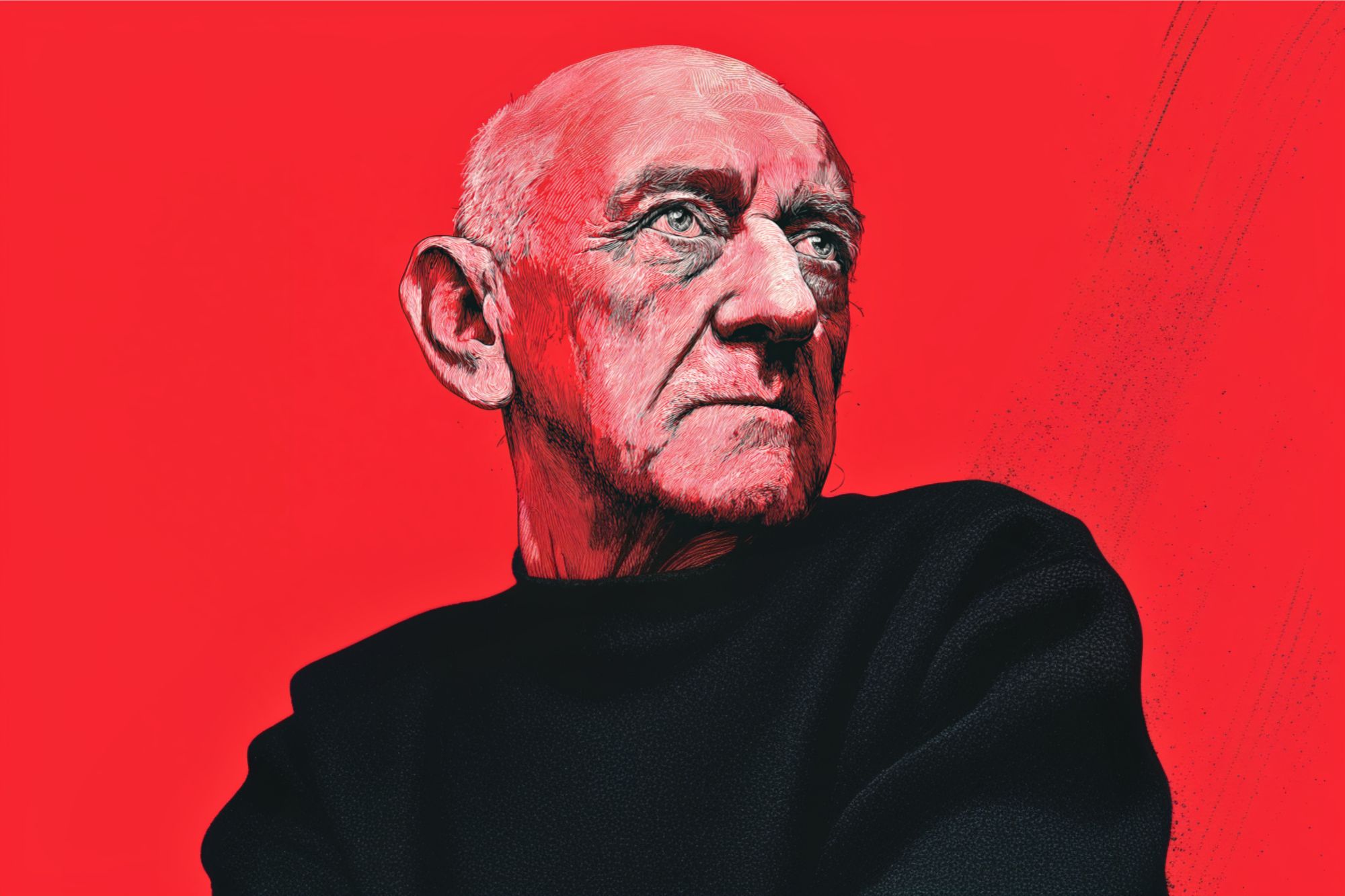 A digital illustration of an older man with a bald head, wearing a black sweater, gazing thoughtfully to the side against a bright red background. The lighting emphasizes his facial features, giving the portrait a dramatic effect.