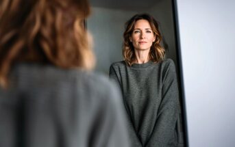 A woman with shoulder-length wavy hair and a gray sweater looks at her reflection in a mirror, appearing calm and thoughtful in a softly lit room.