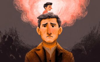 An illustration of a sad man with a worried expression, with a smaller, similarly sad figure sitting on his head, surrounded by a glowing cloud, symbolizing heavy thoughts or inner struggles.