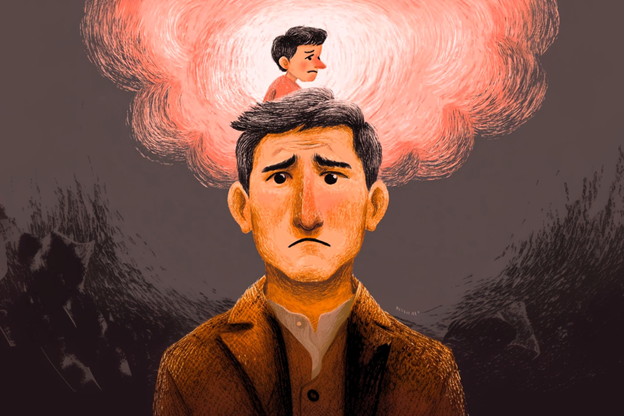 An illustration of a sad man with a worried expression, with a smaller, similarly sad figure sitting on his head, surrounded by a glowing cloud, symbolizing heavy thoughts or inner struggles.