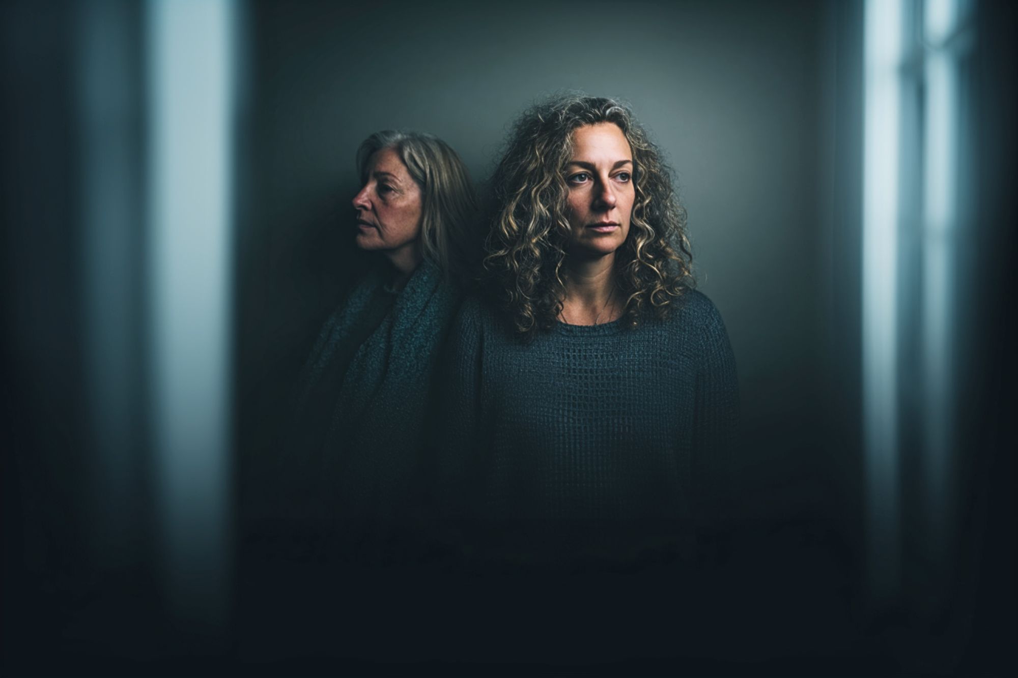 Two women stand close together in a dimly lit, shadowy room, both wearing dark sweaters. One woman looks to the side with a neutral expression; the other faces forward, gazing thoughtfully ahead.