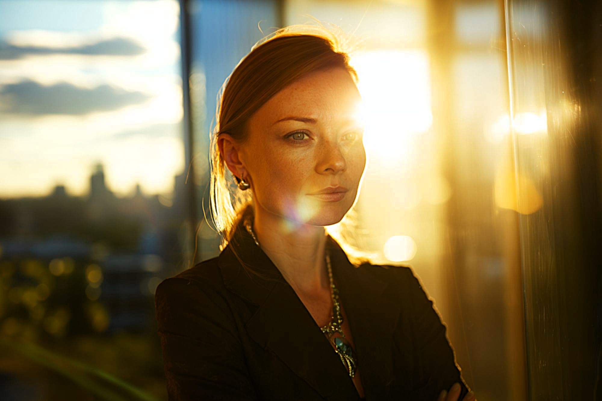 A woman with light hair stands indoors by a window at sunset, sunlight shining on her face and casting a warm glow. She looks thoughtful, with arms crossed, and city buildings are blurred in the background.