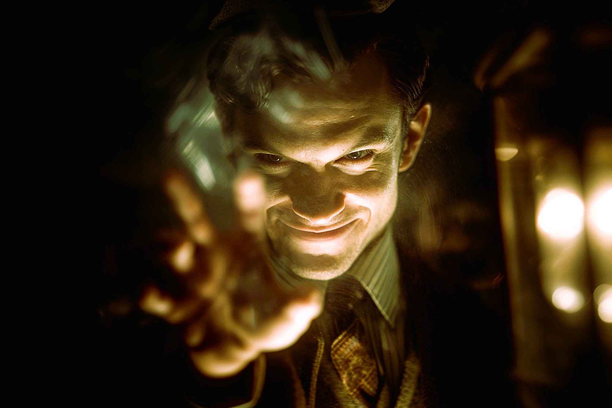 A man with a sinister smile is dramatically lit from below, reaching forward with an outstretched hand. His face is partially shadowed, creating a mysterious and intense atmosphere. Warm light glows to the right.