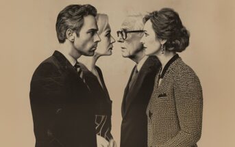 Four people stand in two pairs, facing each other closely. Each pair consists of one man and one woman, all dressed in formal clothing and appearing engaged in intense, focused conversation. The image has a vintage feel.