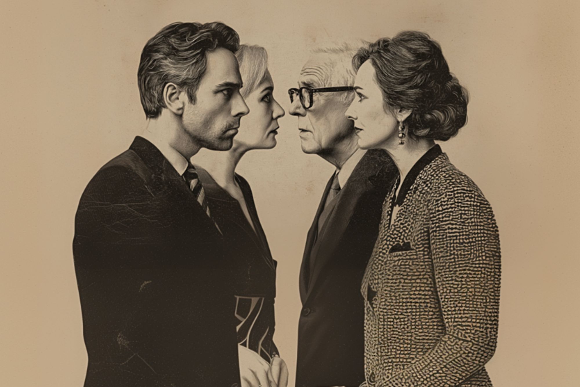 Four people stand in two pairs, facing each other closely. Each pair consists of one man and one woman, all dressed in formal clothing and appearing engaged in intense, focused conversation. The image has a vintage feel.