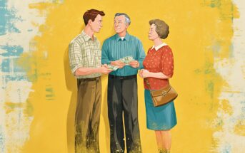 A young man hands cash to an older man and woman, who both look at him seriously. The woman holds a purse, and the background is painted yellow with artistic paint splatters.