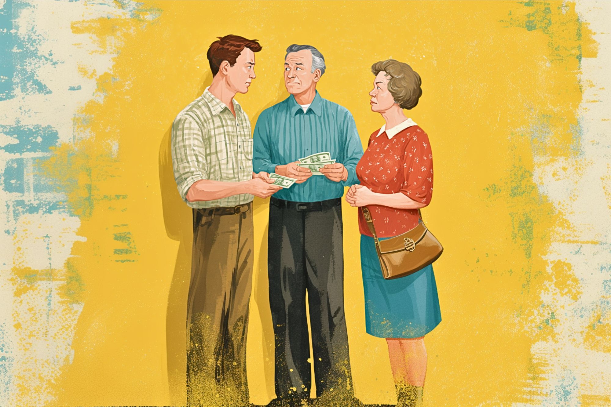 A young man hands cash to an older man and woman, who both look at him seriously. The woman holds a purse, and the background is painted yellow with artistic paint splatters.