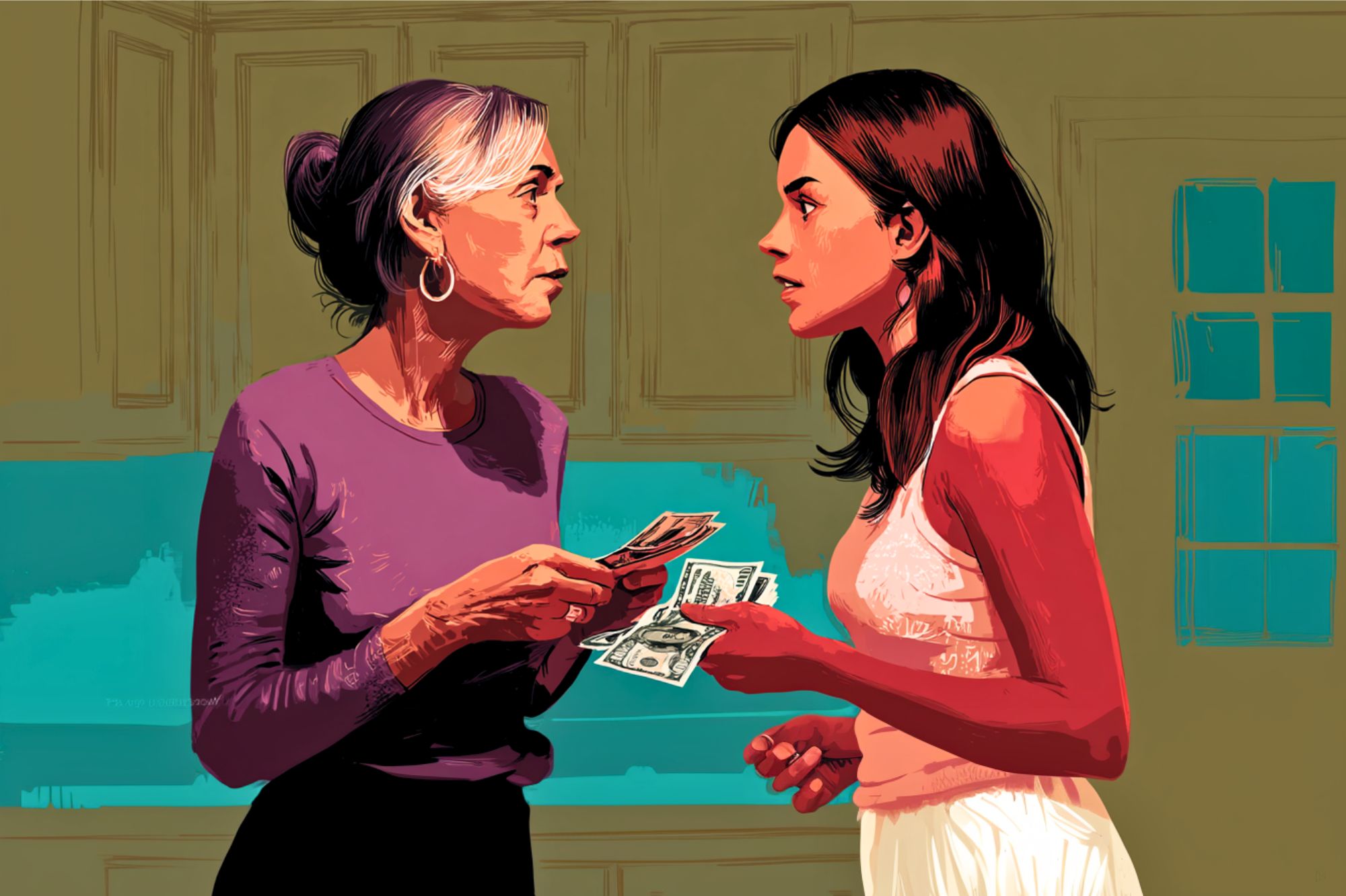 An older woman and a younger woman stand facing each other in a kitchen, both holding cash in their hands, appearing to be in a serious conversation or exchange.