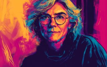 A colorful digital painting of an older person with wavy gray hair, glasses, and a slight smile, set against a vibrant, abstract background of yellow, orange, pink, and purple hues.
