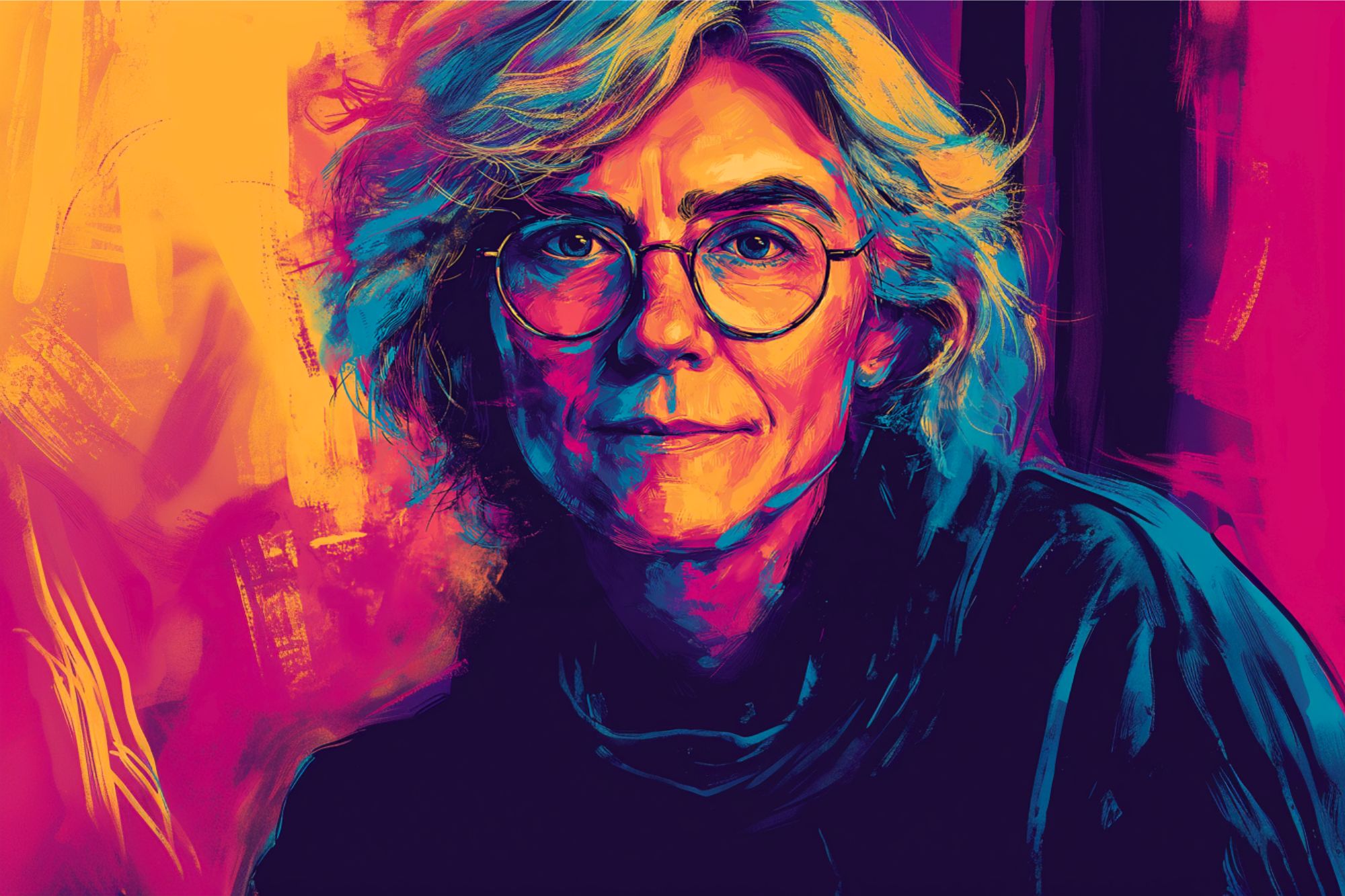 A colorful digital painting of an older person with wavy gray hair, glasses, and a slight smile, set against a vibrant, abstract background of yellow, orange, pink, and purple hues.