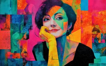 A vibrant, abstract portrait of a woman with short dark hair, resting her chin on her hand. The artwork features bold, geometric shapes and vivid colors, including pink, orange, blue, and teal, creating a modern, expressive feel.