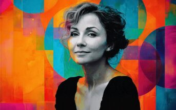 A woman with short curly hair and a black top is painted in a colorful, abstract background of orange, blue, and purple geometric shapes.