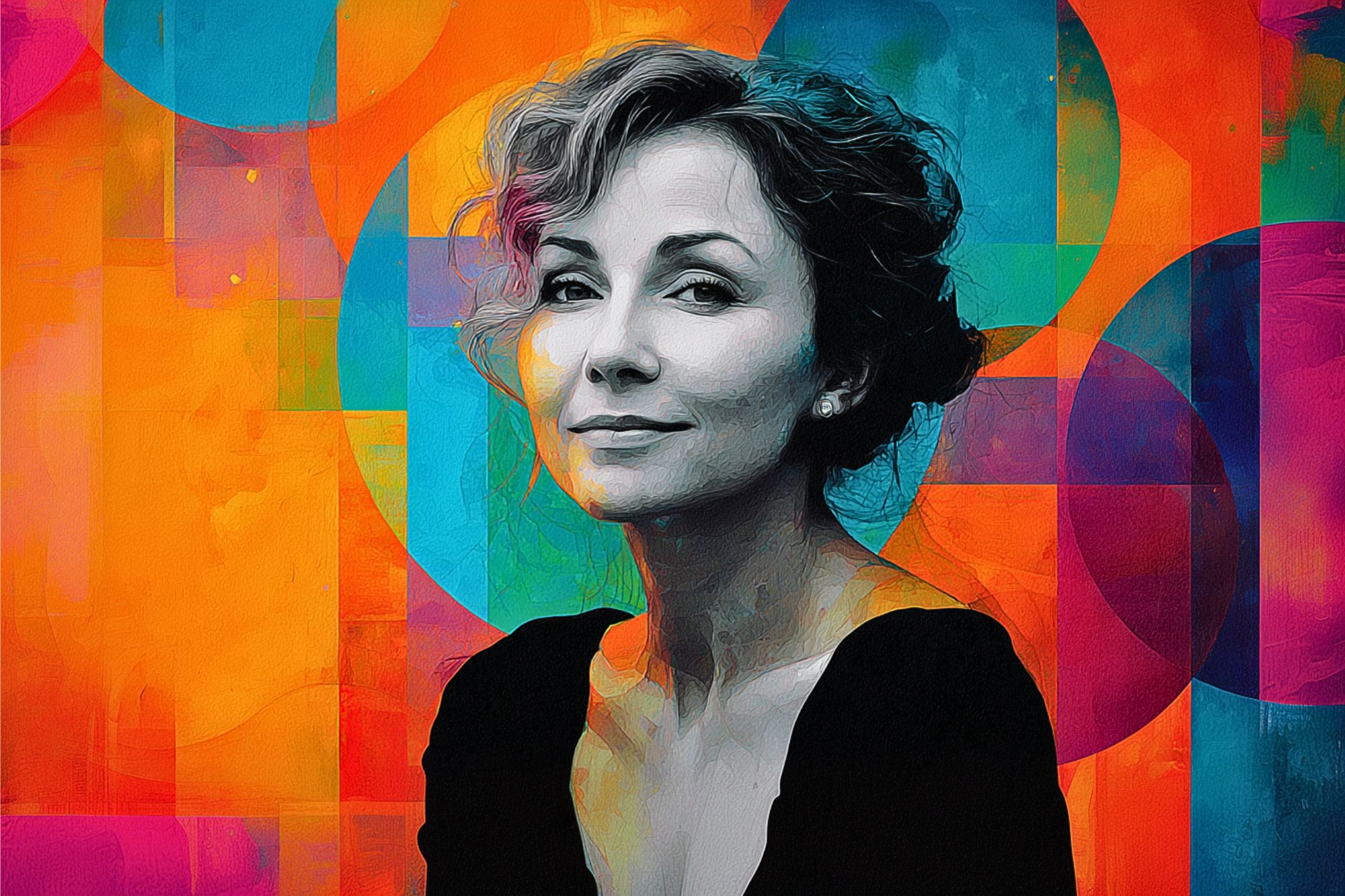 A woman with short curly hair and a black top is painted in a colorful, abstract background of orange, blue, and purple geometric shapes.