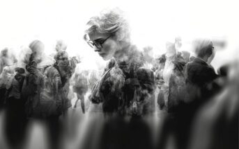 A grayscale image of a person with short hair and glasses, looking downward, is overlaid with multiple blurred silhouettes of people walking in different directions, creating a sense of introspection and crowd.