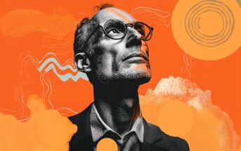 A grayscale man in glasses and a suit looks upward against a vibrant orange abstract background with swirling lines, circular shapes, and textured patterns.