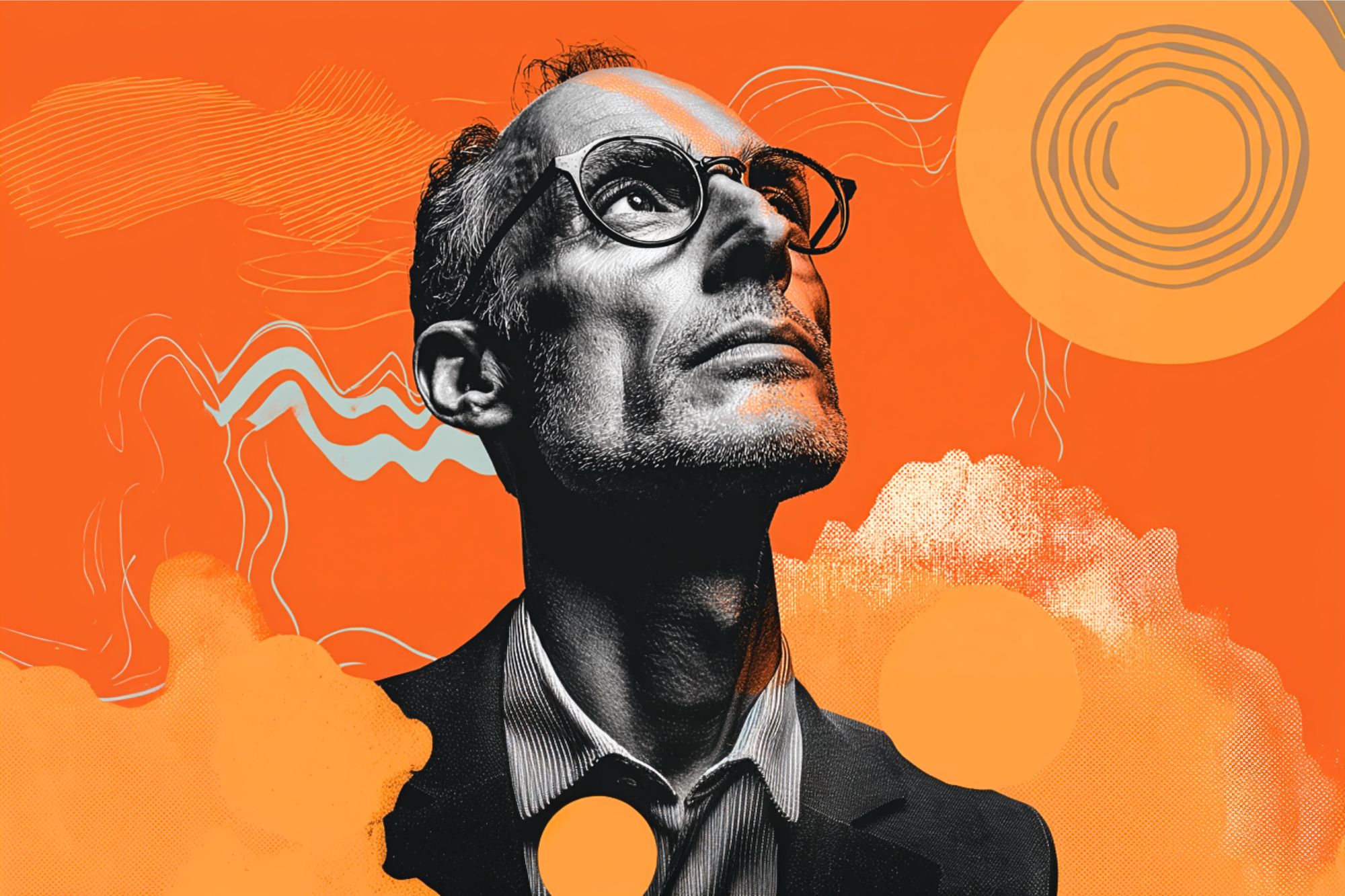 A grayscale man in glasses and a suit looks upward against a vibrant orange abstract background with swirling lines, circular shapes, and textured patterns.