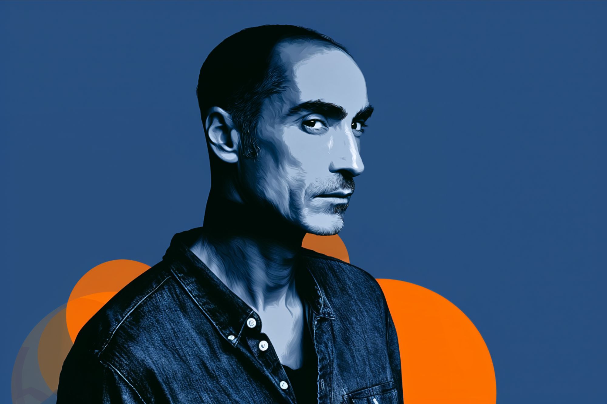 A stylized digital portrait of a man with a serious expression, wearing a denim jacket against a blue background with orange circular shapes.