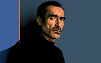 A digital illustration of a man with short dark hair, mustache, and beard, wearing a black shirt, standing against a dark blue and gray background with an orange line dividing the colors.
