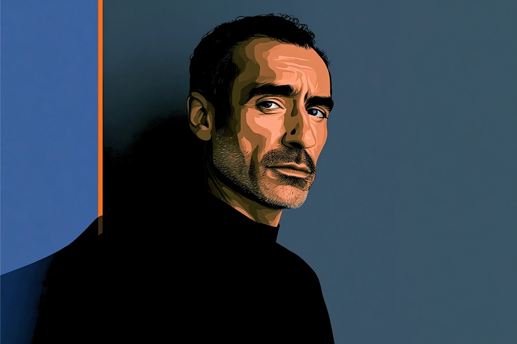 A digital illustration of a man with short dark hair, mustache, and beard, wearing a black shirt, standing against a dark blue and gray background with an orange line dividing the colors.