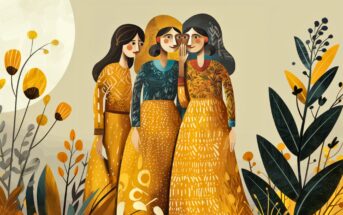 Three women in patterned yellow and green dresses stand together among stylized plants and flowers, one whispers to another while the third smiles, all in a warm, earthy-toned, whimsical illustration.