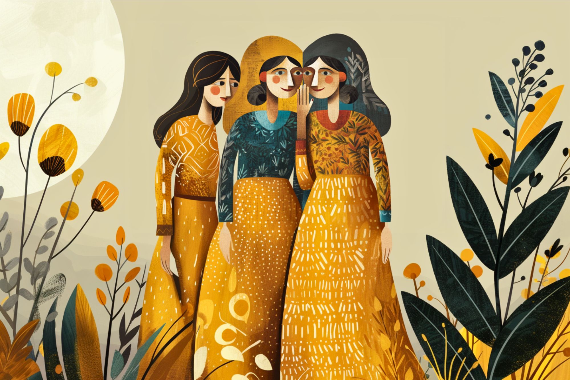 Three women in patterned yellow and green dresses stand together among stylized plants and flowers, one whispers to another while the third smiles, all in a warm, earthy-toned, whimsical illustration.