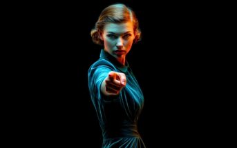 A stylized digital illustration of a stern woman with vintage hair and clothing pointing directly at the viewer against a black background, highlighted with dramatic blue and orange lighting.