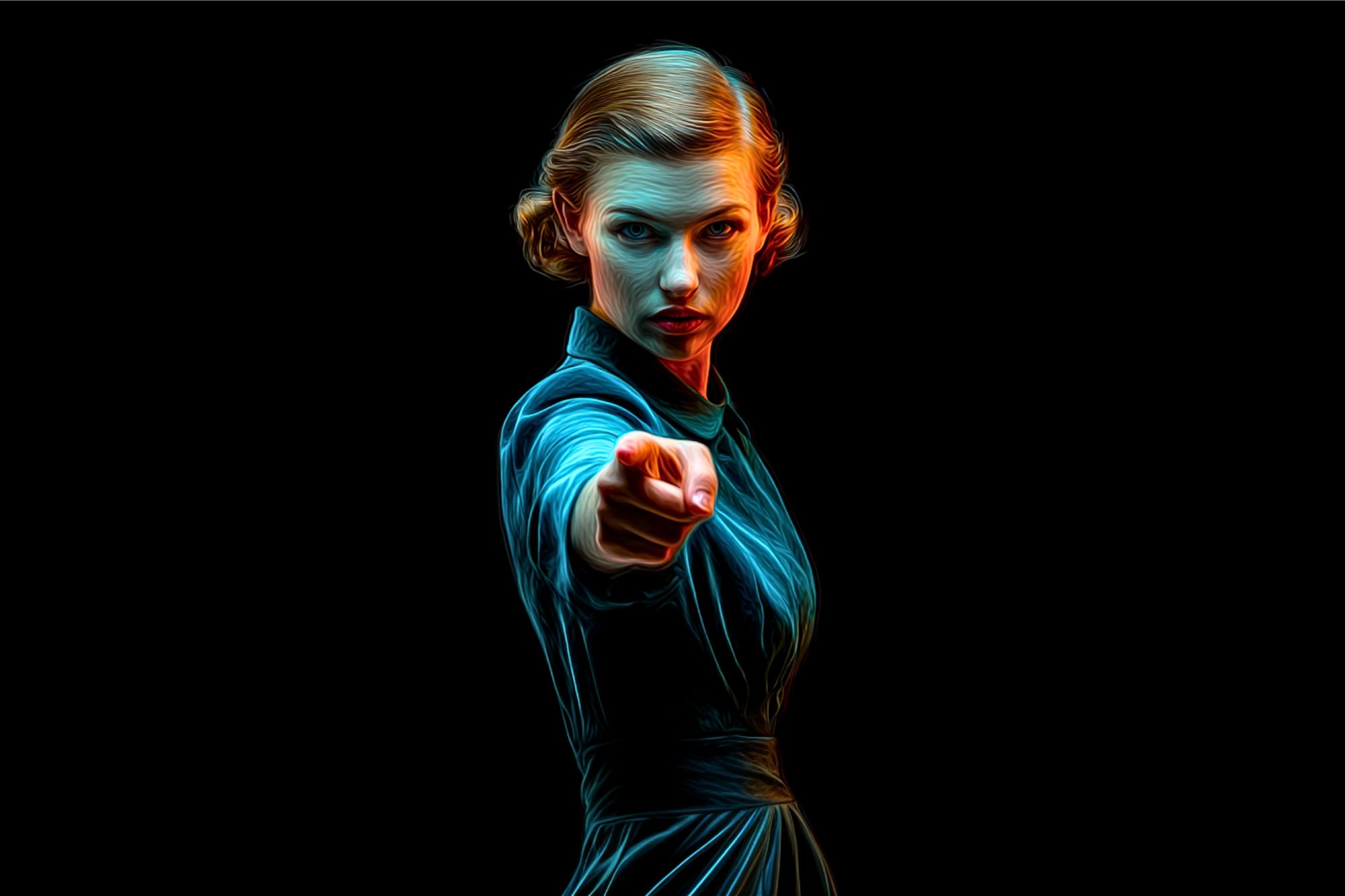 A stylized digital illustration of a stern woman with vintage hair and clothing pointing directly at the viewer against a black background, highlighted with dramatic blue and orange lighting.