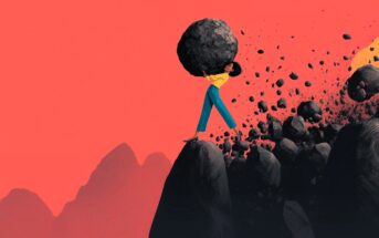 A person in blue pants and a yellow shirt struggles to carry a large boulder uphill, while smaller rocks tumble behind them against a vivid orange background with distant mountains.