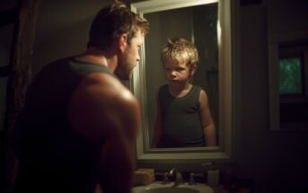 A man in a dark tank top looks at himself in a bathroom mirror, but the reflection shows a young boy with similar features and clothing, both staring intensely. The bathroom is dimly lit.