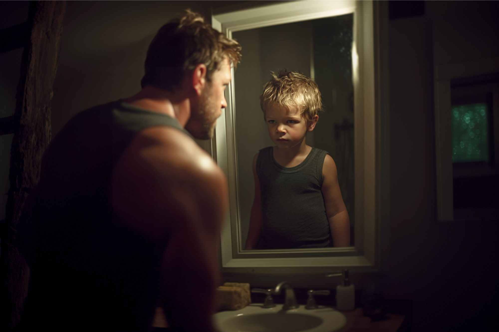 A man in a dark tank top looks at himself in a bathroom mirror, but the reflection shows a young boy with similar features and clothing, both staring intensely. The bathroom is dimly lit.