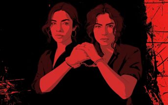 Two women with serious expressions stand side by side, their wrists handcuffed together. The image uses bold red and black tones with rough, textured backgrounds, creating a dramatic and intense atmosphere.