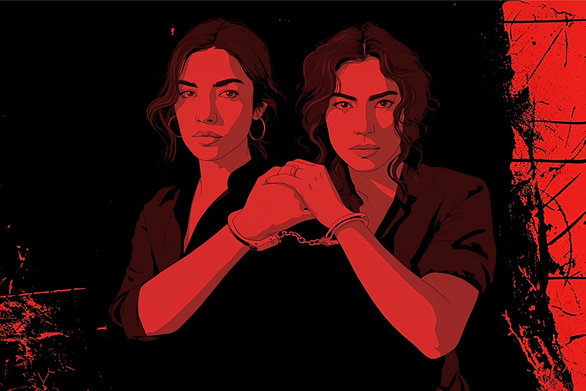 Two women with serious expressions stand side by side, their wrists handcuffed together. The image uses bold red and black tones with rough, textured backgrounds, creating a dramatic and intense atmosphere.