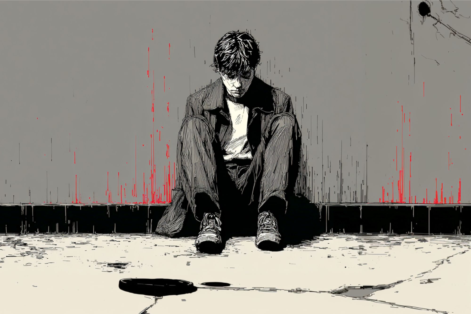 A young man sits on the floor against a gray wall, head bowed and eyes closed. Red streaks and cracks on the wall behind him evoke a sense of sadness or distress. The ground is cracked and shadowy.