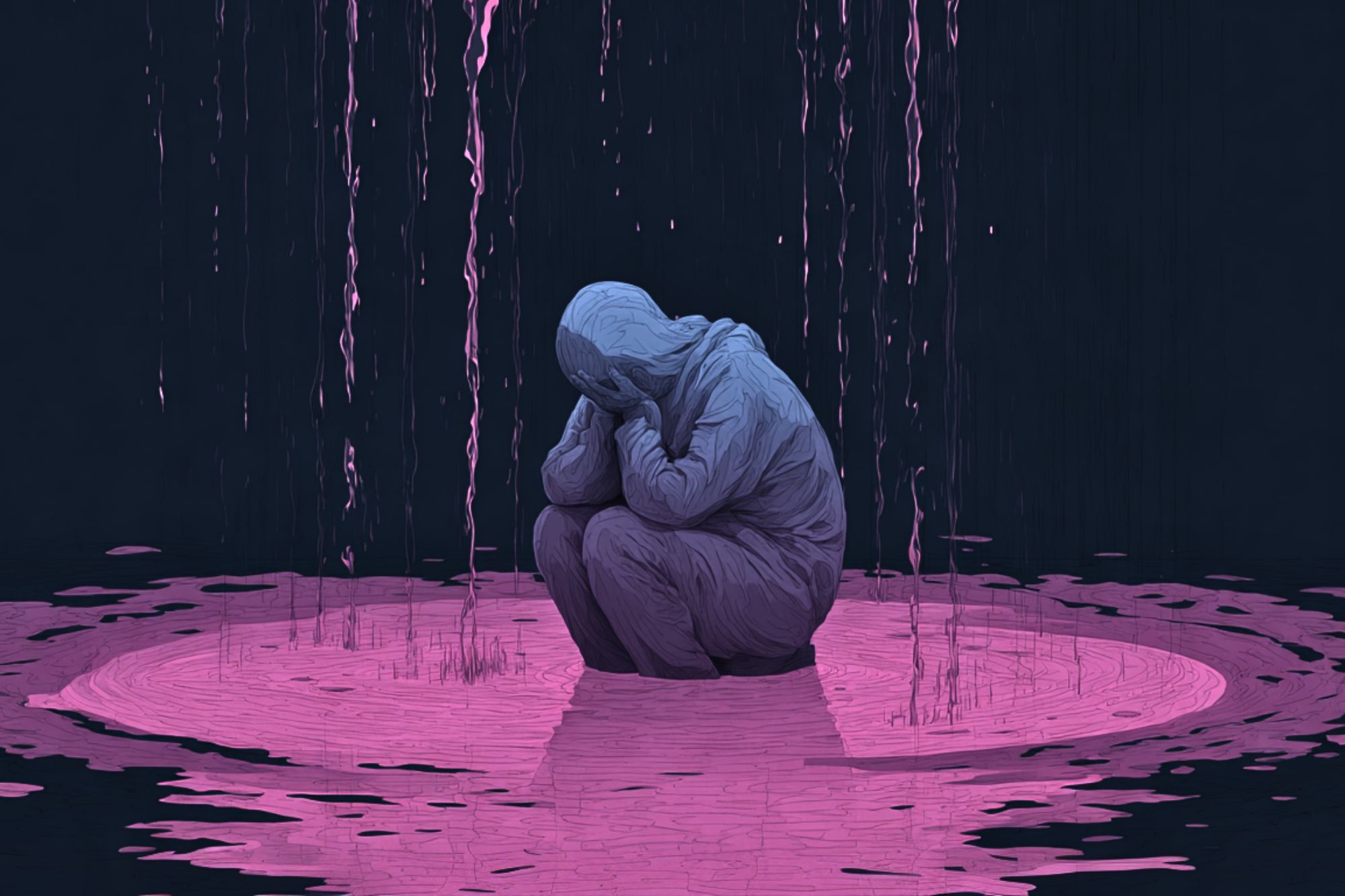 A person in a hoodie sits curled up with their head down, surrounded by streams of pink liquid falling and pooling on the ground, creating a reflective surface in a dark, abstract environment.