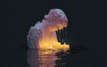 A melting white bust with pink highlights leans over glowing candles, its form dripping wax into reflective dark water, creating an ethereal, surreal scene.