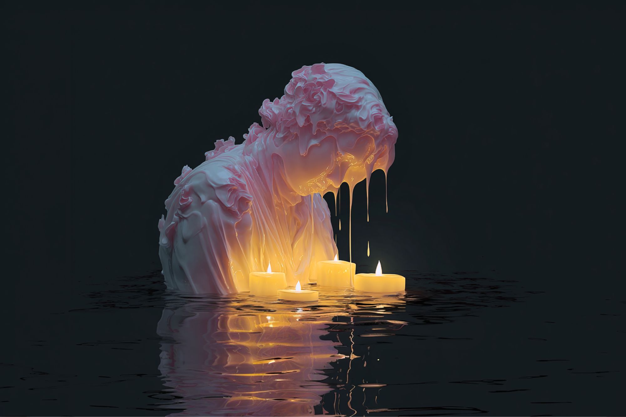 A melting white bust with pink highlights leans over glowing candles, its form dripping wax into reflective dark water, creating an ethereal, surreal scene.