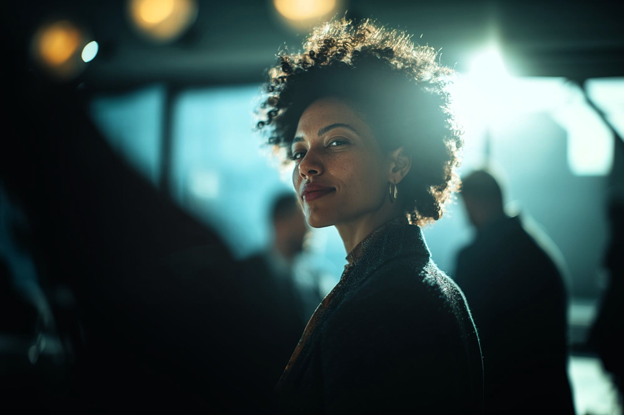 A woman with curly hair smiles softly while standing in a sunlit room with blurred people in the background. She wears earrings and looks confidently toward the camera, with sunlight creating a glow behind her.