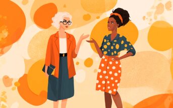 Two women stand and talk, both smiling. One has short white hair, glasses, an orange blazer, and a blue skirt; the other has dark curly hair, an orange headband, and a polka dot blouse and skirt. Orange circles decorate the background.