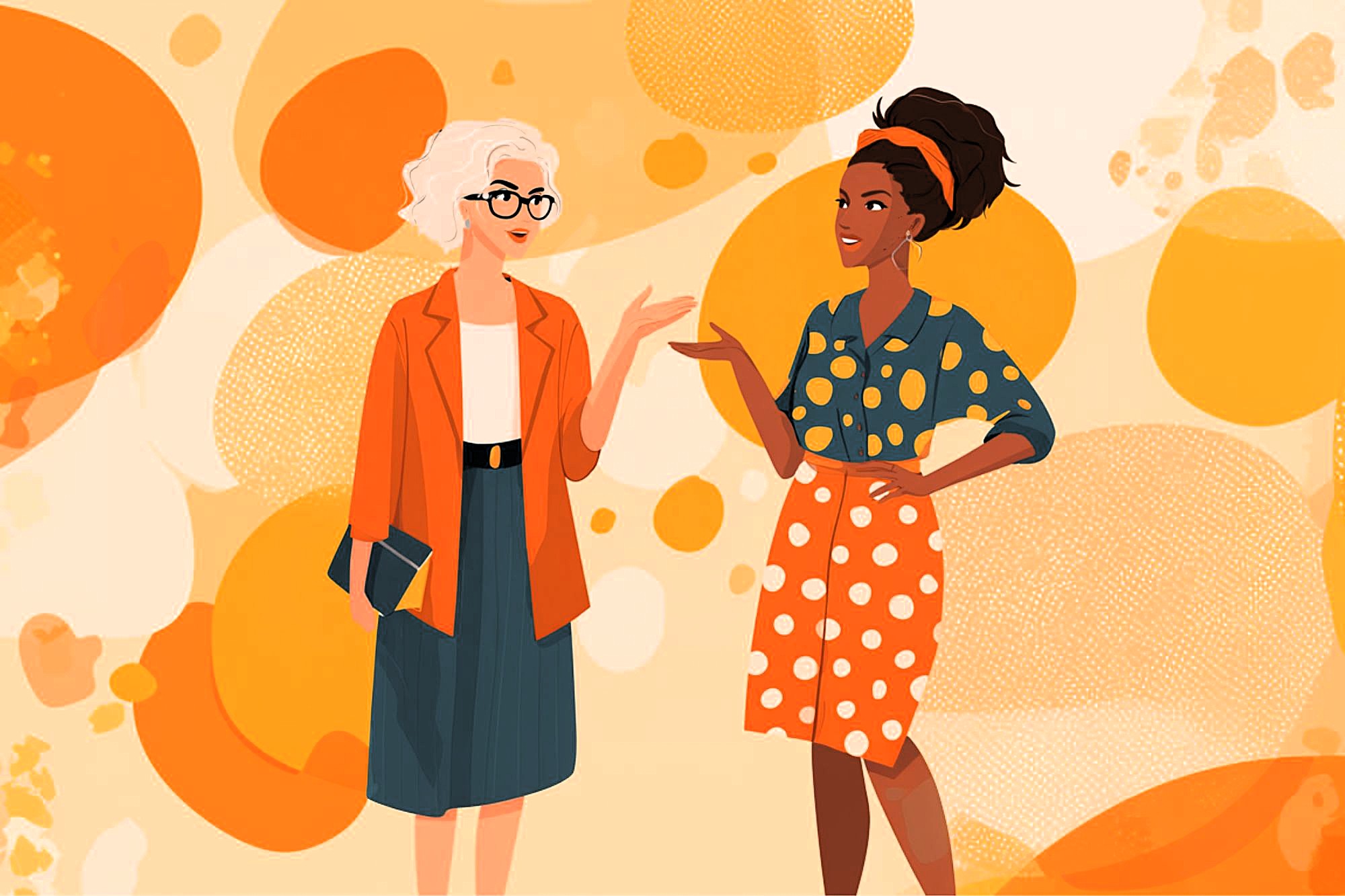 Two women stand and talk, both smiling. One has short white hair, glasses, an orange blazer, and a blue skirt; the other has dark curly hair, an orange headband, and a polka dot blouse and skirt. Orange circles decorate the background.