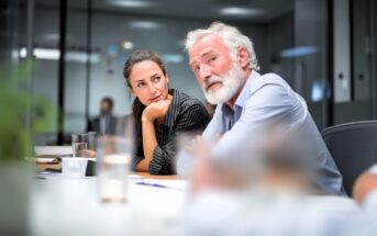 A woman attentively listens to an older man speaking during a meeting in a modern office. Both are seated at a conference table with documents and glasses of water visible.