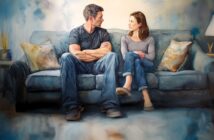 A man and woman sit on a blue couch with crossed arms, facing each other with serious expressions. The background and cushions are softly painted, conveying a tense or emotional conversation.